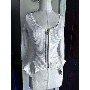 Guess white ribbed peplum style full zip up sweater top XXS